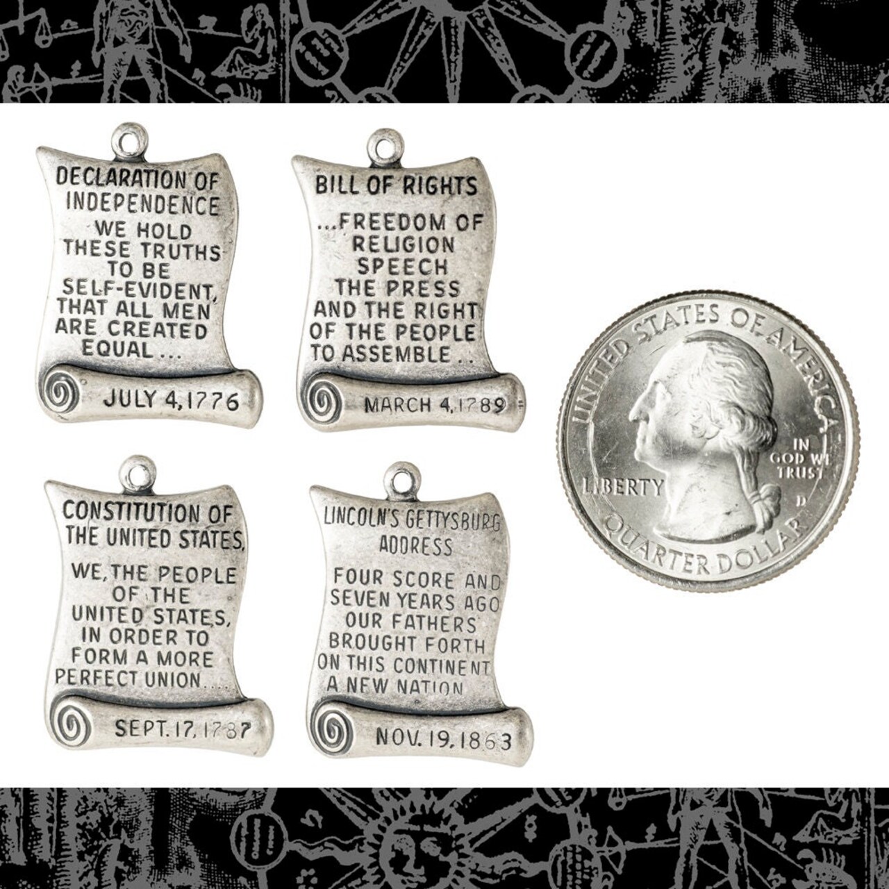 Antiqued Silver Plated Brass United States Patriotic Charms - Set of Four - S-C17